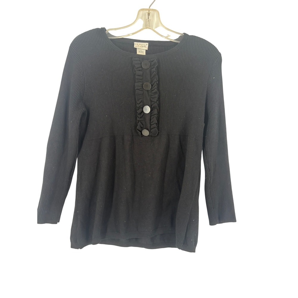 Kim Rogers Signature Black Ribbed Button Front Ruffle Sweater Top‎ Women's Large